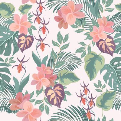 seamless pattern with tropical leaves. Palm leaf, orchid, plumeria flowers.
