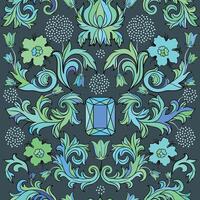 Hand drawn abstract graphic illustration with magic art seamless pattern of crystals, flowers and leaves, neon color palette. vector