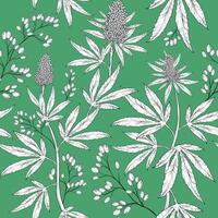 Hand drawn cannabis leaves seamless pattern with green background. Marijuana sketch drawing seamless pattern vector