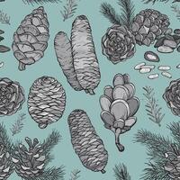 Seamless pattern with pine cones on blue background. vector