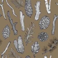 Seamless pattern with pine cones, forest twigs and sticks vector