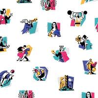 A set of icons on the theme of art forms. Music, choreography, singing, literature, theater, circus. Hobbies of creative people. Icons for the site, banner and print. Emblems, symbols. Pattern. vector