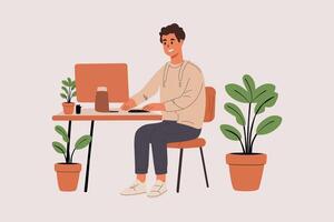 Man Working With Computer flat character vector