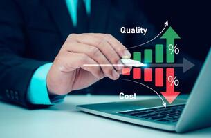 Businessman working on computer with quality control growth graph and cost reduction, Effective business, Cost and quality control, business strategy and project management concept. photo