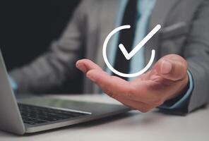 Prepare check and approve concept, Businessman checks transaction documents or electronic contract documents, Check electronic documents on digital documents and checklist approval. photo
