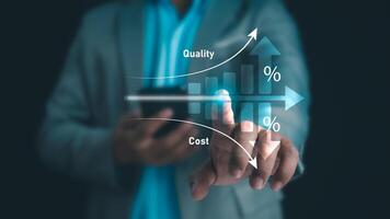 Businessman touching showing a quality control growth graph and cost reduction, Effective business, Cost and quality control, business strategy and project management concept. photo