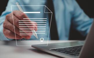 Electronic signature concept, Businessman signing agreement document or electronic contract document, Digital documents and checklist approval, Future business contract signing, Paperless office. photo