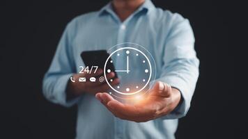 work 24 hour and 7 day icon virtual screen hologram, 24 hour open, 24 hour payment online banking, shopping, transaction online service server cloud running. photo