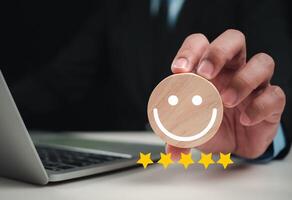 Satisfaction feedback review, Customer Satisfaction Survey concept, service experience rating online application, Customer evaluation product service quality, Very good quality most. photo
