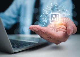 User hand showing AI chip represents Artificial intelligence innovation and global online network connection for access to digital service, Cyber security, Training artificial intelligence. photo