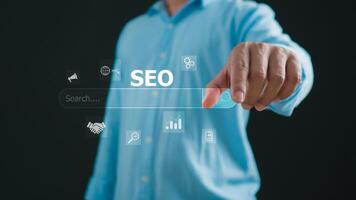 Businessman Search On Virtual Screen Data Search Technology Search Engine Optimization. Man use search engine to Searching for information. Using web Console for data, SEO. photo