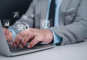 People use search engine to Searching for information, Businessman Search On Virtual Screen Data Search Technology Search Engine Optimization, Using web Console for data, SEO, Marketing planning. photo