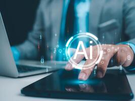 Concept of technology or using AI to help with work, Businessman hand showing modern technology on internet network AI technology in everyday life, Internet of Things, Artificial intelligence brain. photo