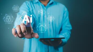 Businessman hand showing modern technology on internet network AI technology in everyday life, Concept of technology or using AI to help with work, Internet of Things, Artificial intelligence brain. photo