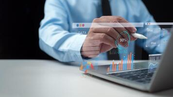 Businessman use computers to analyze business and manage corporate data, Business analytics with charts, Metrics and KPIs to improve organizational performance, financial organization strategy. photo