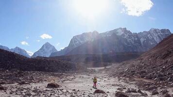 Woman trekker alone treks to EBC viewpoint in Sagarmatha national park with mountains background. EBC trekking. Everest base camp trekking in fall, autumn in sunny dry weather video