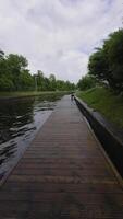 A serene view of a wooden boardwalk along a calm river, bordered by lush green trees and grass, under an overcast sky. Perfect for nature, travel, and relaxation themes video