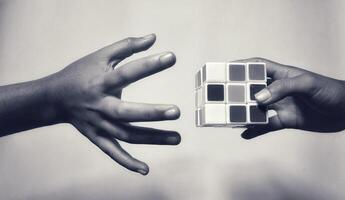 MAGELANG, INDONESIA. April 25th, 2024 - Man holding rubik's cube, the rubik's cube puzzle shadow concept on white background. photo