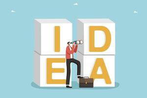 Man looks through binoculars near cubes with idea vector