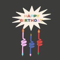 cumpleaños ilustración. cumpleaños velas mano dibujado. celebracion iconos un conjunto de diferente velas para pastel y celebrando un cumpleaños. contento cumpleaños tarjeta con velas vector