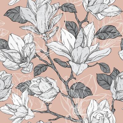 Beautiful seamless pattern with magnolia flowers plants, beige color palette.