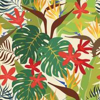 Seamless tropical pattern. Banana Leaves, palm tree and flowers. Bird of paradise abstract print vector