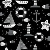 Seamless pattern with seascape in flat style, monochrome black and gray color palette. Summer design with ships, a lighthouse, boat, anchor, fish, lifebuoy. vector