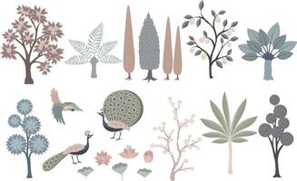 Traditional Mughal garden with trees, palms, lotus, peacock set vector