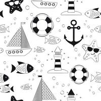 Seamless pattern with seascape in flat style. Summer design with ships, a lighthouse, boat, anchor, fish, lifebuoy. Black and white. vector