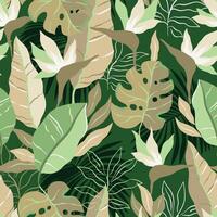 Seamless pattern with abstract Bird of Paradise Exotic Jungle plants on green background. Contemporary floral seamless pattern. vector