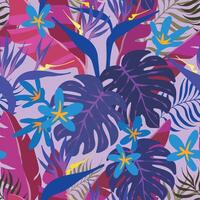 Seamless tropical pattern. Banana Leaves, palm tree and flowers. Bird of paradise violet lilac abstract print vector