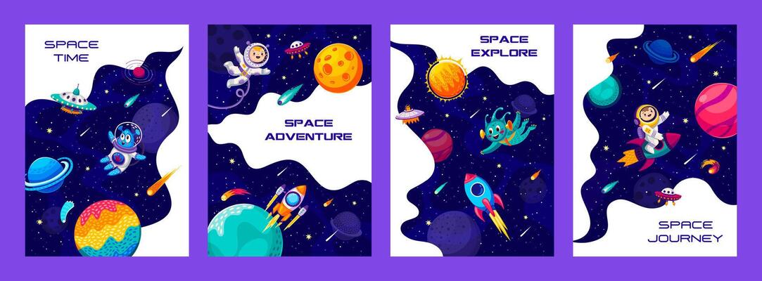 Space posters with funny astronauts characters