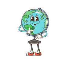 Retro groovy school earth globe funny character vector
