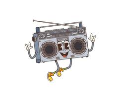 Retro cartoon groovy tape recorder character jump vector