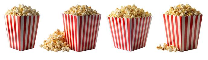 A set of buckets with delicious popcorn on a white background. photo