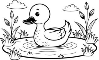 Duck on a Pond Coloring Page - Simple Outline vector