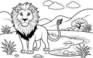 Lion Near River Coloring Page - Simple Outline vector