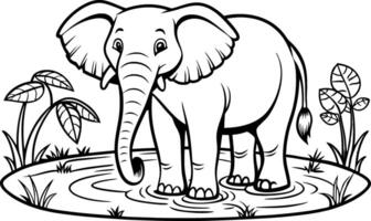 Elephant by a Watering Hole Coloring Page - Simple Outline vector