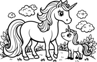 Unicorn and Baby Unicorn Coloring Page - Simple Outline vector