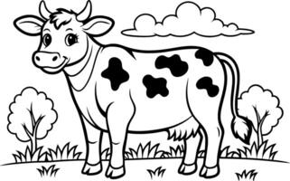 Cow in a Meadow Coloring Page - Simple Outline vector