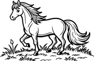 Horse on Field Coloring Page - Simple Outline vector