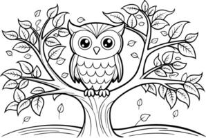 Owl in a Tree Coloring Page for Kids - Simple Outline vector