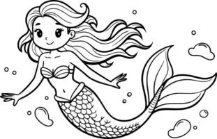Mermaid Swimming in the Ocean Coloring Page - Simple Outline vector