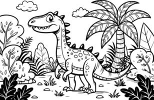Dinosaur in a Prehistoric Jungle Coloring Page - Simple Outline vector