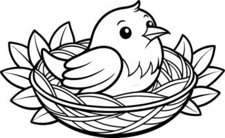 Bird in a Nest Coloring Page - Simple Outline vector