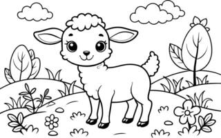 Lamb Playing in a Meadow Coloring Page - Simple Outline vector