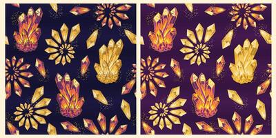 Pattern with bunch of colorful crystal gems on dark background. Magical, glowing minerals inside. Fractal, spiral ornament. Fantasy, mystical concept. Warm color palette. Vintage style vector