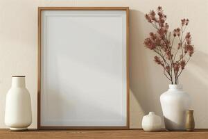 Mock up poster frame close up on shelf with decoration 3d render photo