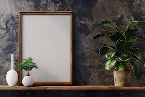 Mock up poster frame close up on shelf with decoration 3d render photo