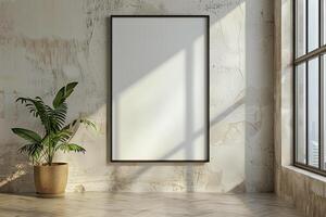 Mockup poster frame close up in empty interior 3d render photo